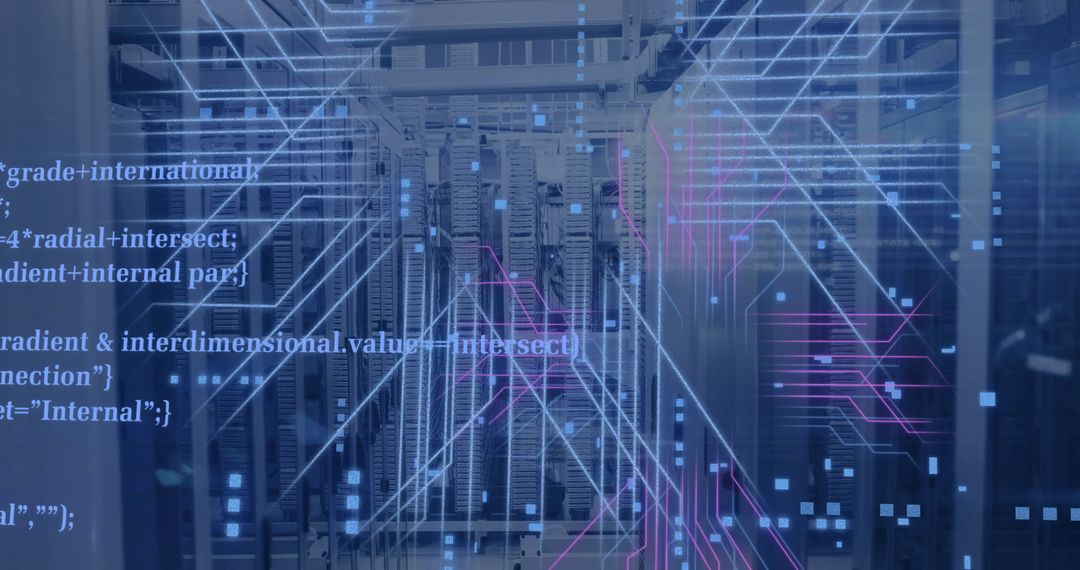 Futuristic Data Processing in Server Room with Circuit Board Overlay