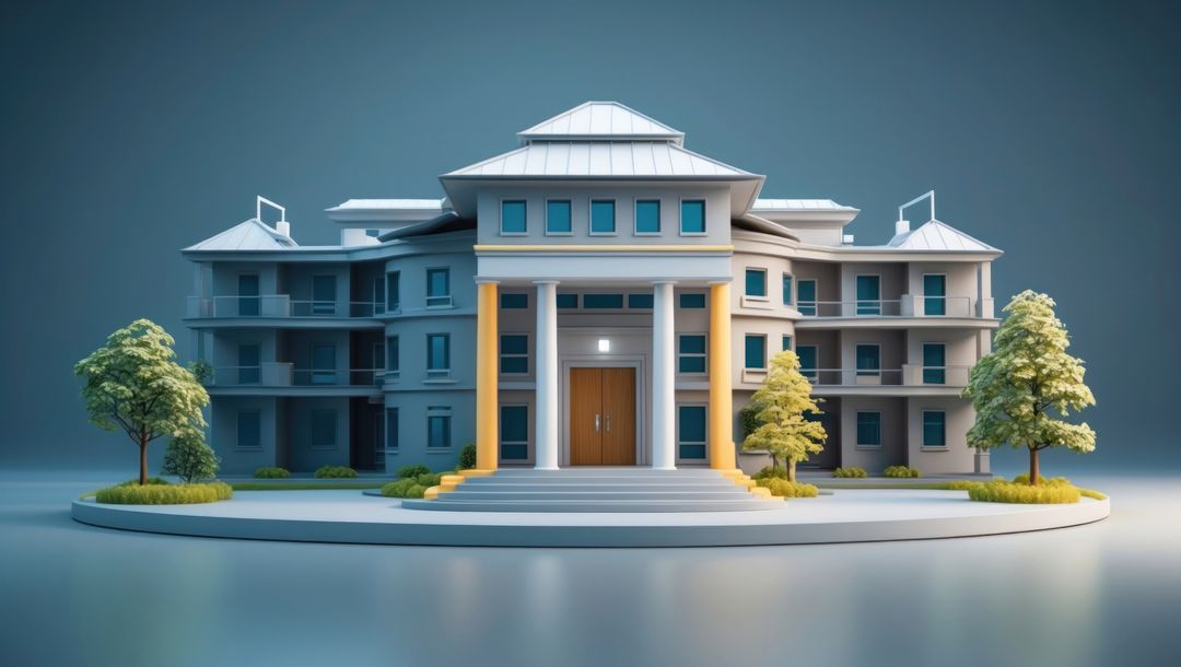 Digital rendered neoclassical mansion with columns and double doors, mental institution concept