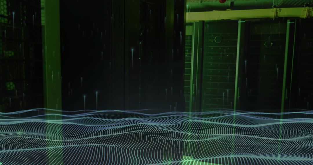 Futuristic AI Data Processing in a Server Room with Digital Mesh Overlay