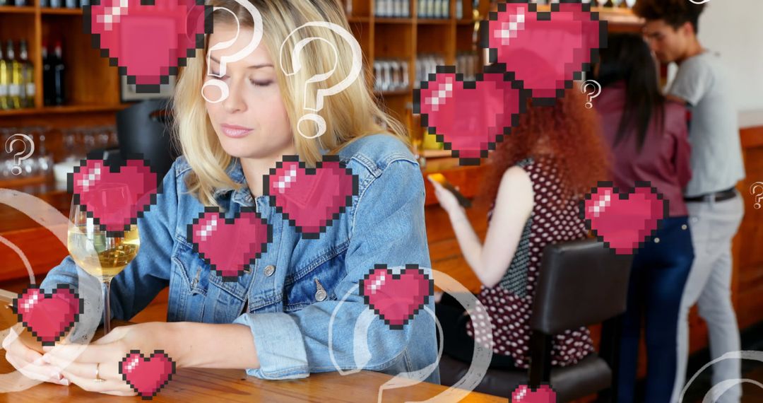 Woman Using Smartphone at Bar with Floating Icons
