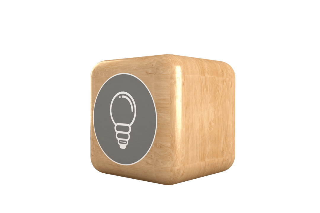 Gray Light Bulb Icon on Transparent Brown Wooden Cube