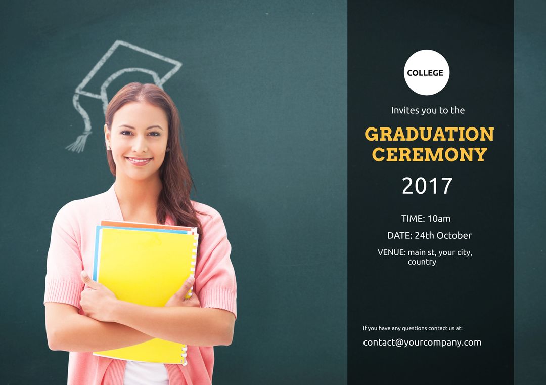 Smiling Graduate Student with Textbooks Against Chalkboard Background