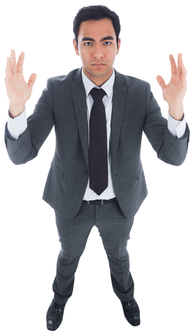 Serious Businessman in Gray Suit With Raised Hands Transparent Background