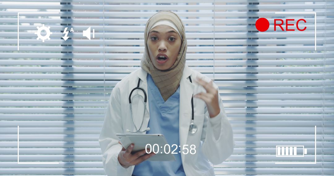 Muslim Doctor Recording Medical Advice Video with Tablet in Office - Free Images, Stock Photos and Pictures on Pikwizard.com