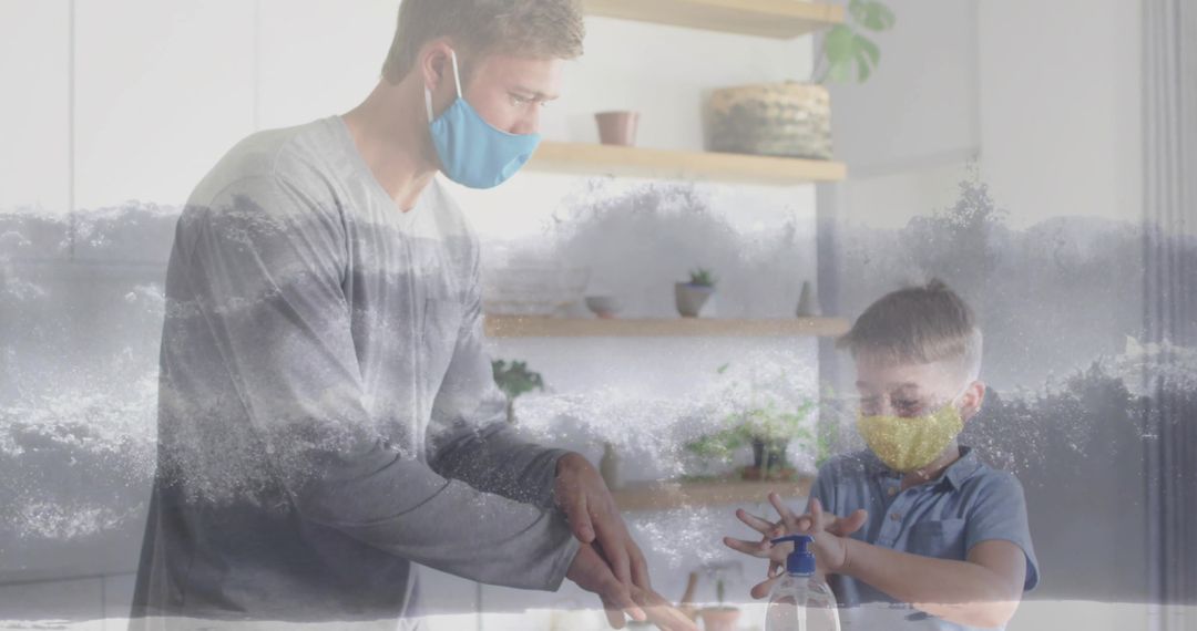 Father and Son Wearing Masks Sanitizing Hands in Modern Kitchen
