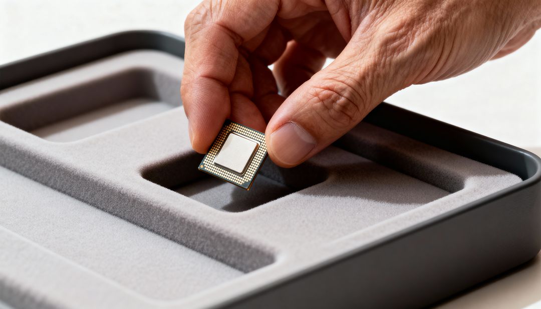 Senior hand holding CPU chip above foam tray for semiconductor handling and inspection