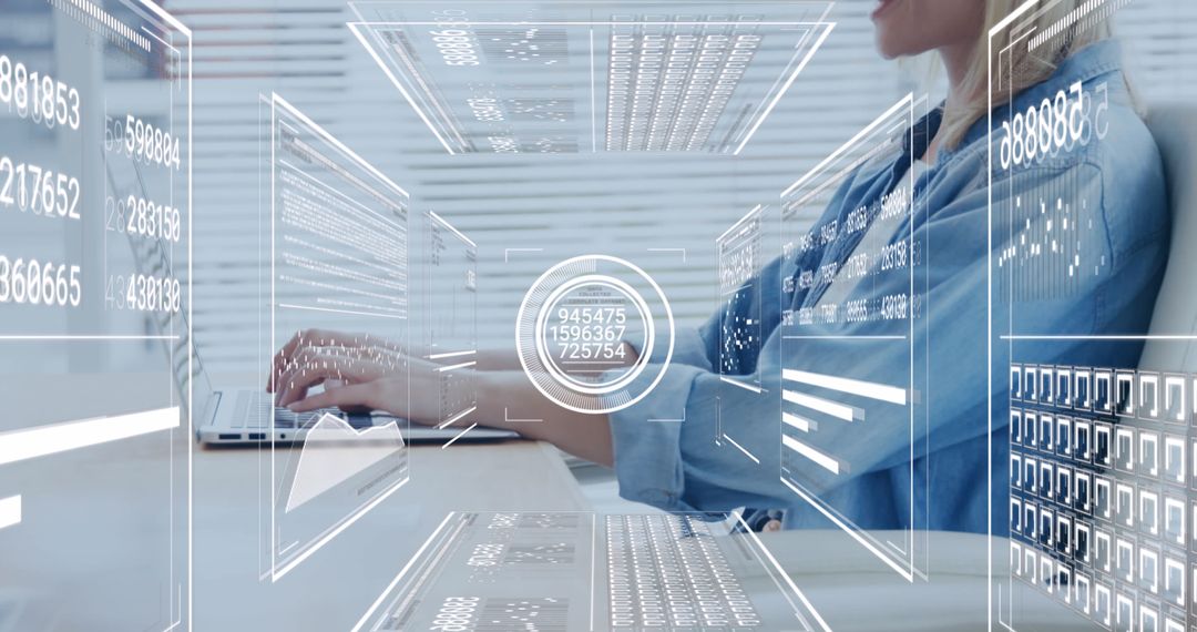Businesswoman Analyzing Data with Futuristic Interface in Modern Office