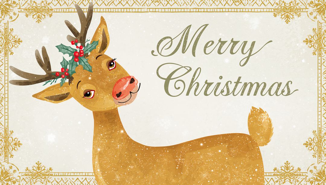 Whimsical Reindeer Tilting Head with Holly Antlers and Merry Christmas Script