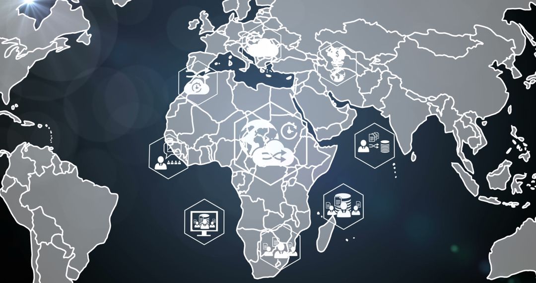Digital Icons and Global Map Highlighting Business Technology