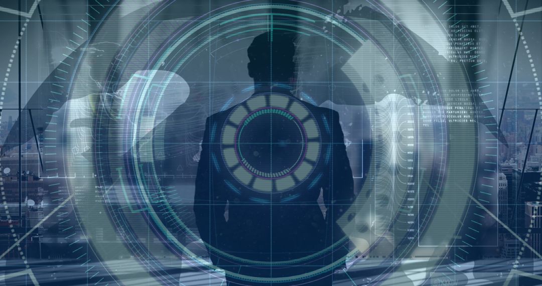 Businessman Surrounded by High-Tech Digital Data Interface