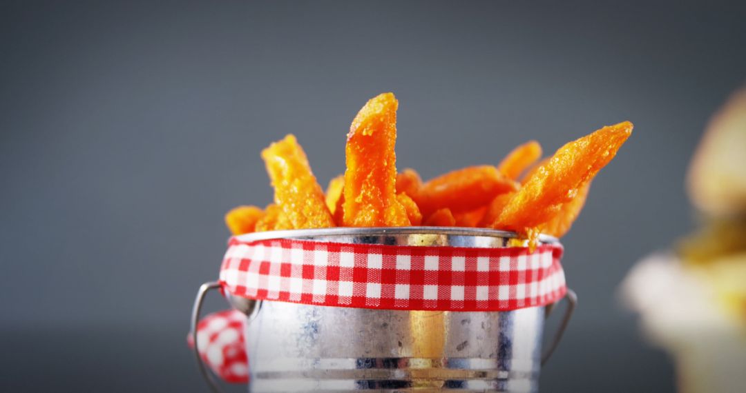 Crispy Sweet Potato Fries in Metal Bucket with Checked Ribbon