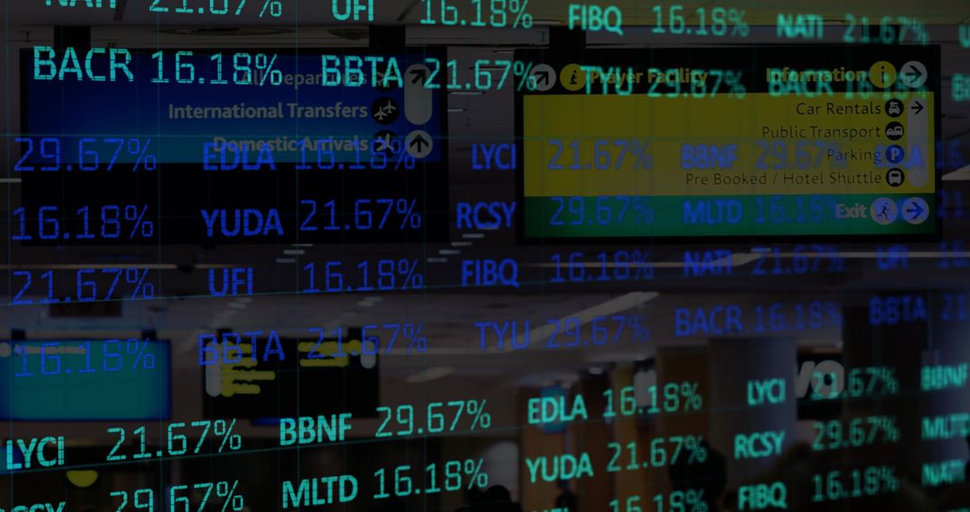 Stock Market Data Overlays Busy Airport Terminal