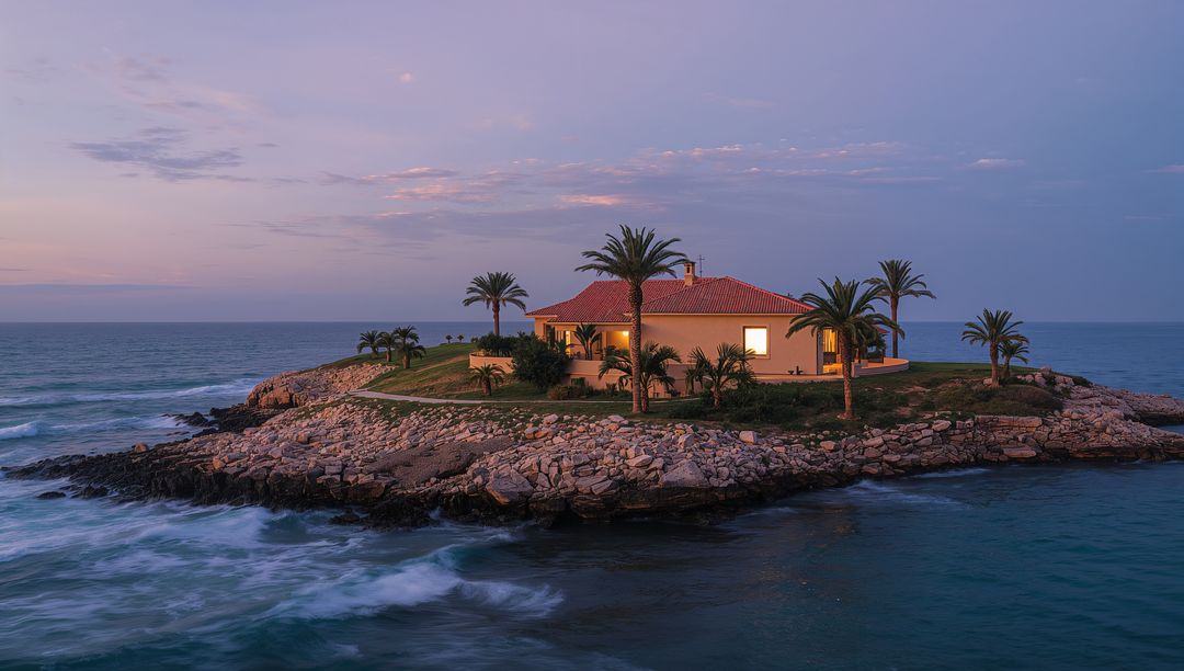 Glowing coastal villa perched on rocky islet at dusk with palm trees and ocean horizon views