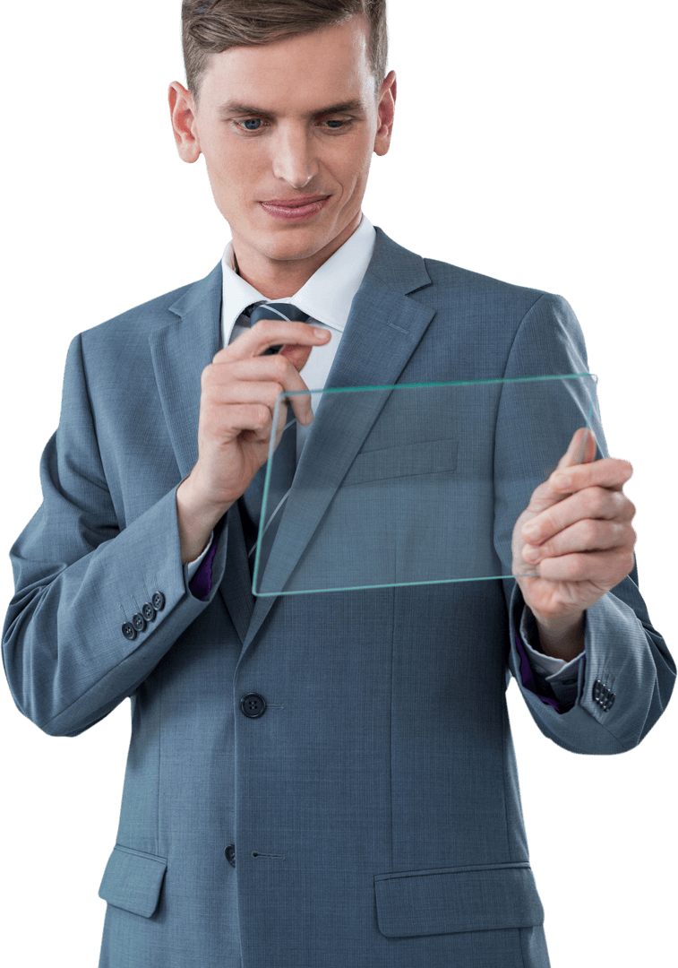 Businessman Examining Transparent Glass Sheet Confidently