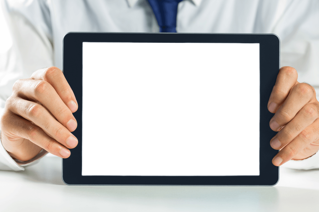 Caucasian Businessman Presenting Tablet with Transparent Screen Space