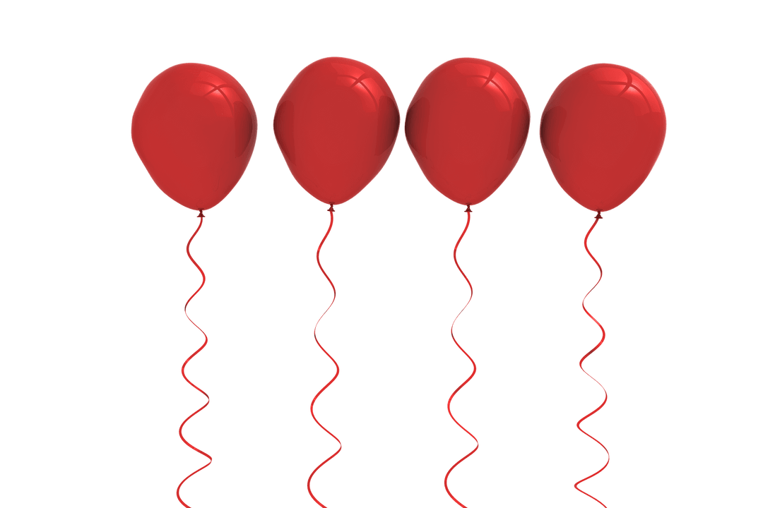 Four Red Balloons with Ribbons on Transparent Background Celebratory Graphic