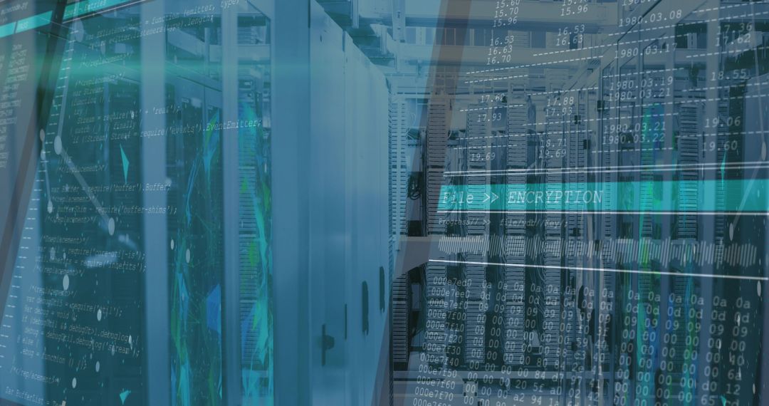 Encrypting Data in Blue Server Rack Aisle Featuring Cybersecurity, Cabinets and Cables