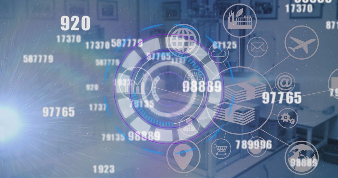 Futuristic Digital Interface with Networked Icons and Data