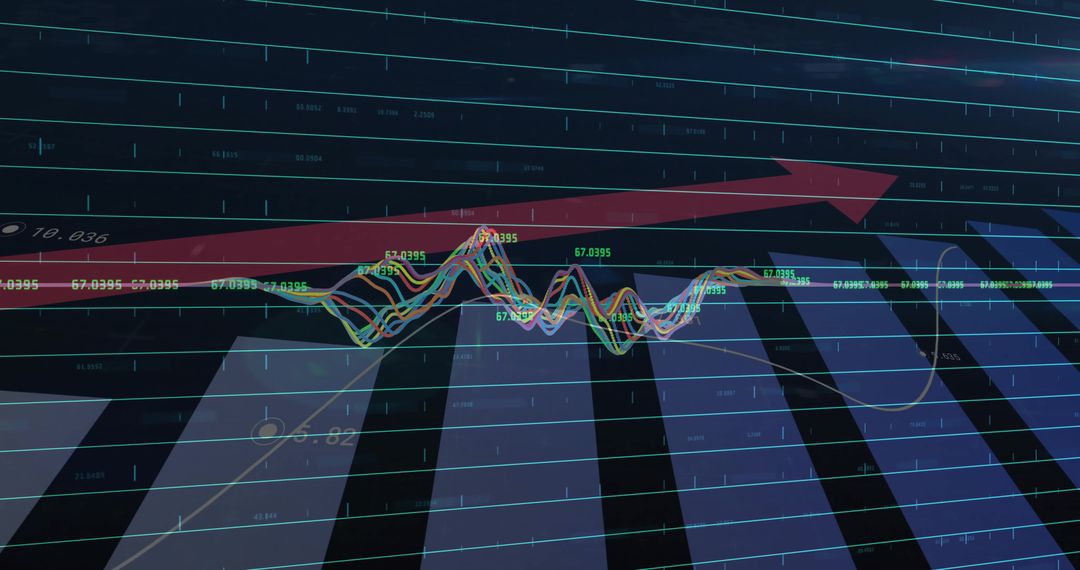Mixed Graphics of Financial Analysis with Rising Arrow on Digital Screen
