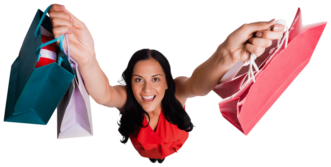 Joyful Shopper Holding Multicolored Bags on Transparent Background