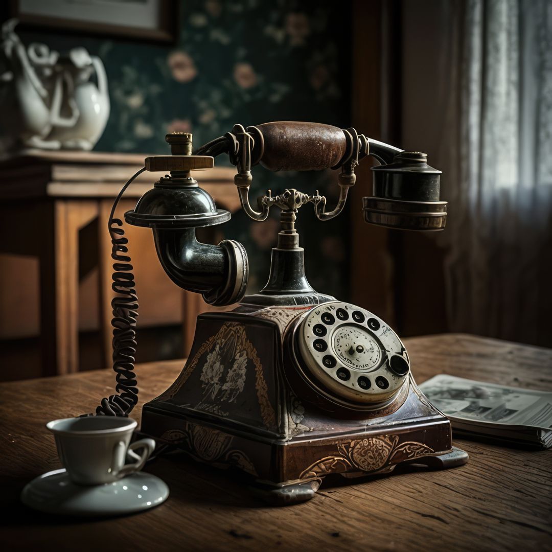 Vintage Rotary Telephone on Antique Wooden Table in Rustic Room - Free Images, Stock Photos and Pictures on Pikwizard.com