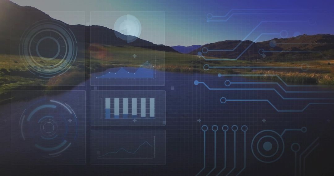 Overlaying Futuristic HUD on Serene Lakeside Valley at Sunset with Moon Reflection