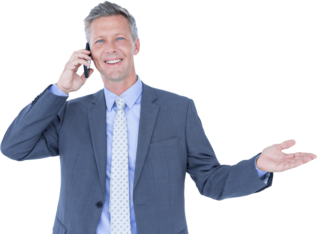 Transparent Businessman Smiling While Using Mobile Phone