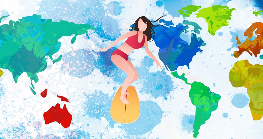 Cartoon Woman Surfboarding Across World Map