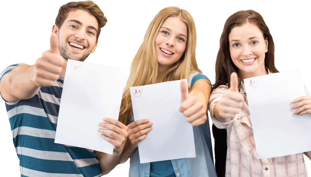 Transparent Group of Students Celebrating Exam Success with Thumbs Up