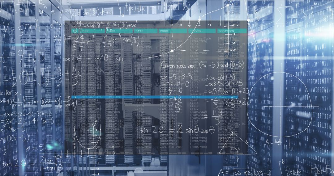 Digital Equations Overlaying High-Tech Server Room