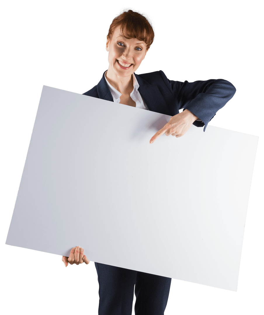 Smiling Businesswoman Holding Blank Board on Transparent Background