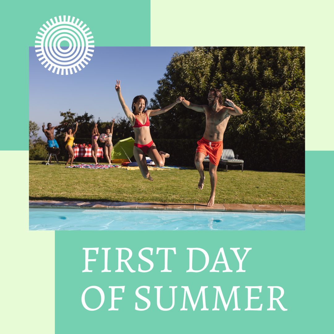 Joyful Couple Jumping Into Pool Celebrating Start of Summer