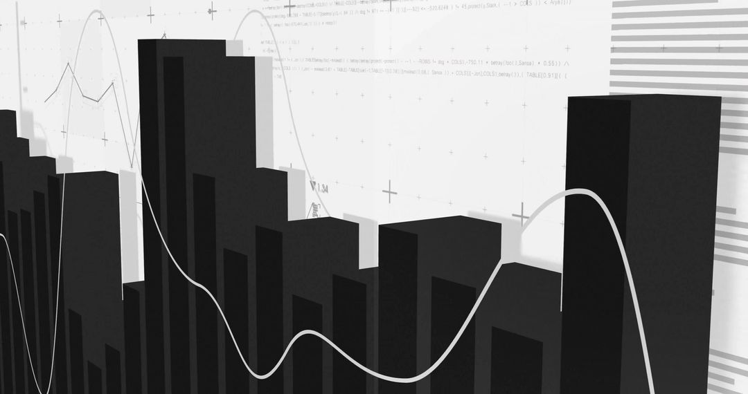 Monochrome 3D Bar Chart Showing Financial Analytics with Overlaid Line Trend and Grid Marks