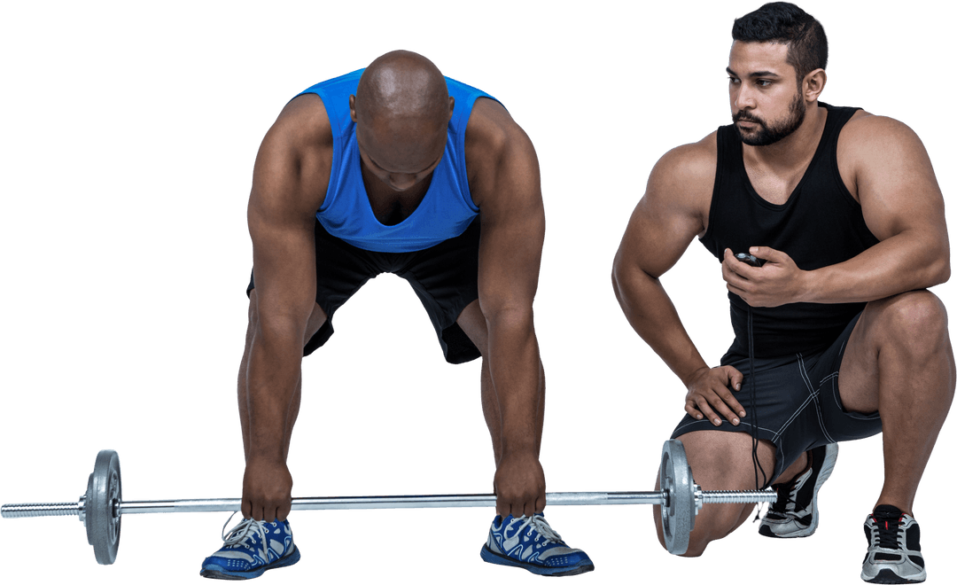 Man in Blue Tank Top Lifting Barbell with Motivational Trainer on Transparent Background