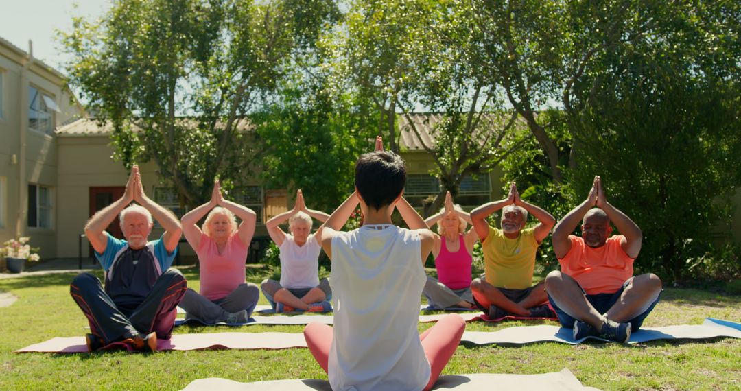 Senior Group Practicing Yoga Outdoors with Instructor Guidance