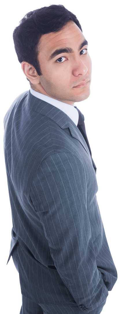 Transparent Background Biracial Businessman in Formal Suit Looking Over Shoulder