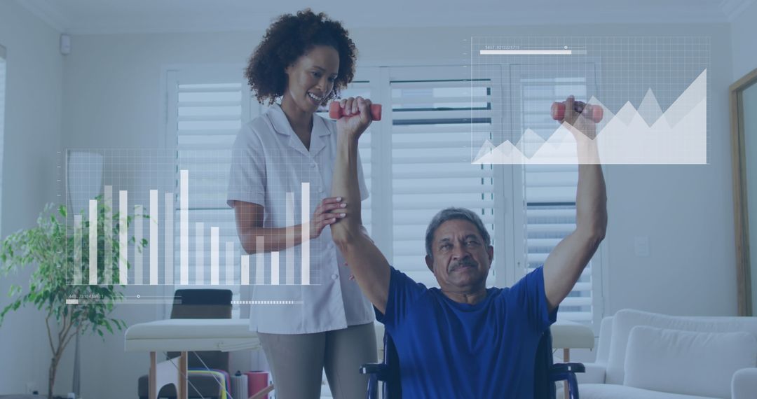Doctor Guiding Senior in Physical Rehab with Digital Data Overlays
