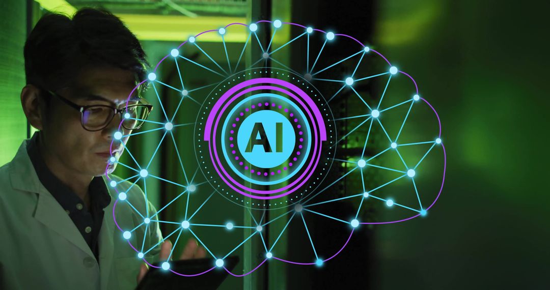 Technician in Server Room Analyzing AI Digital Brain Network