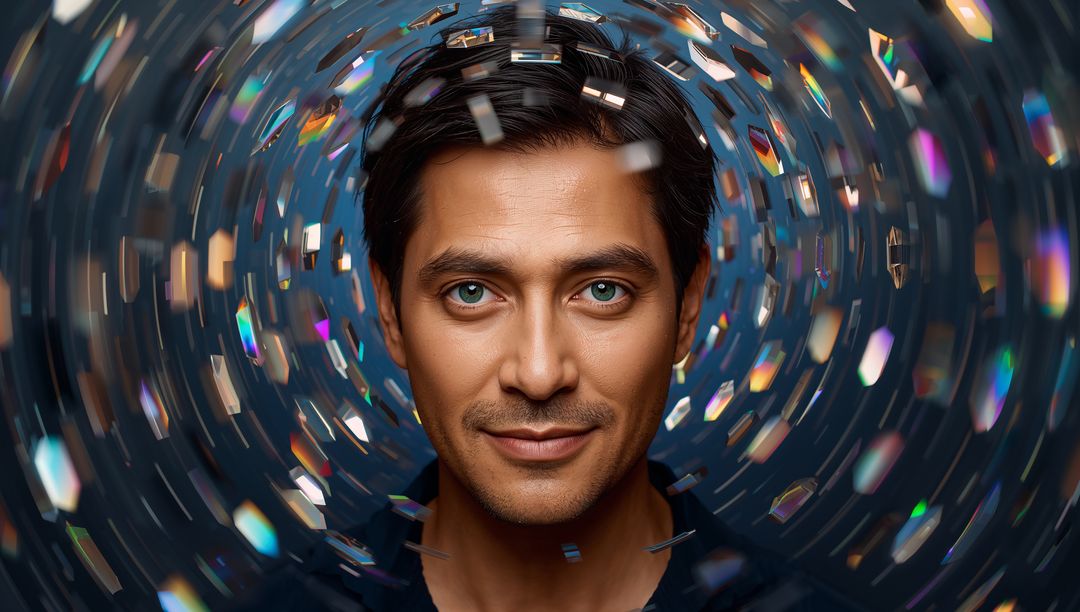 Confident Male Portrait with Prismatic Swirl and Iridescent Bokeh Studio Lighting