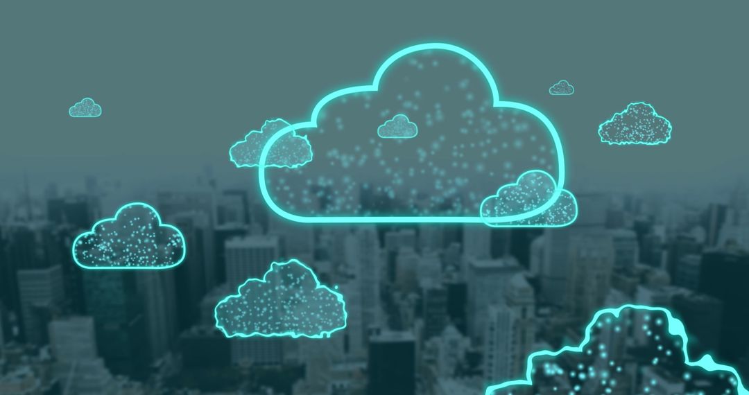 Futuristic Digital Clouds over Cityscape Representing Cloud Computing