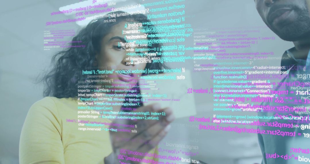 Tech Developers Analyzing Code Overlay in Innovative Workspace