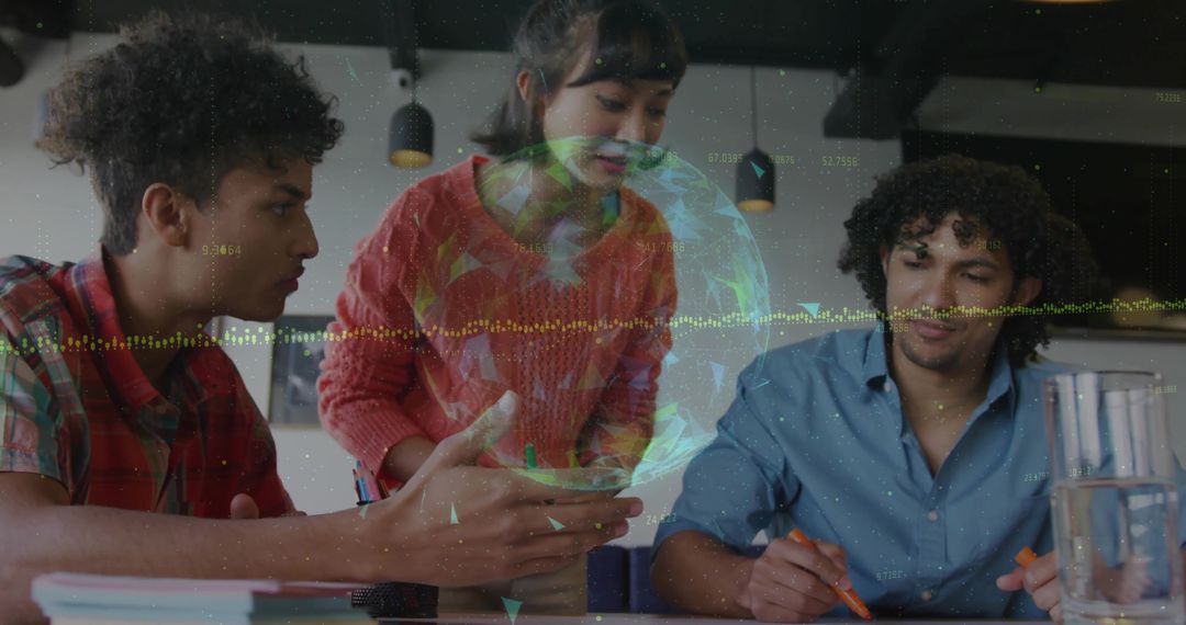 Diverse Team Collaborating on Innovative Digital Project with Data Graphics