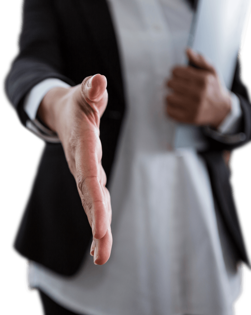 Transparent Businesswoman Offering Handshake in Corporate Attire