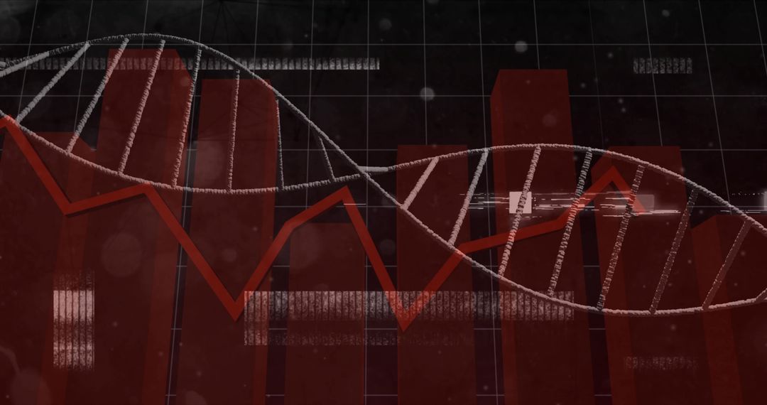 Red DNA Double Helix Weaving Through Digital Analytics Dashboard with Bar and Line Graphs