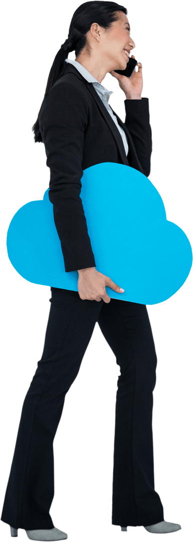 Transparent Businesswoman Holding Cloud Symbol, Talking on Phone