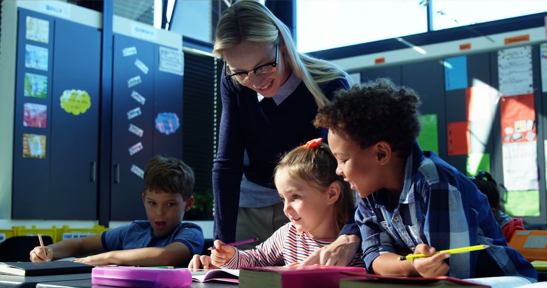 Teacher Assisting Students with Homework in Colorful Classroom