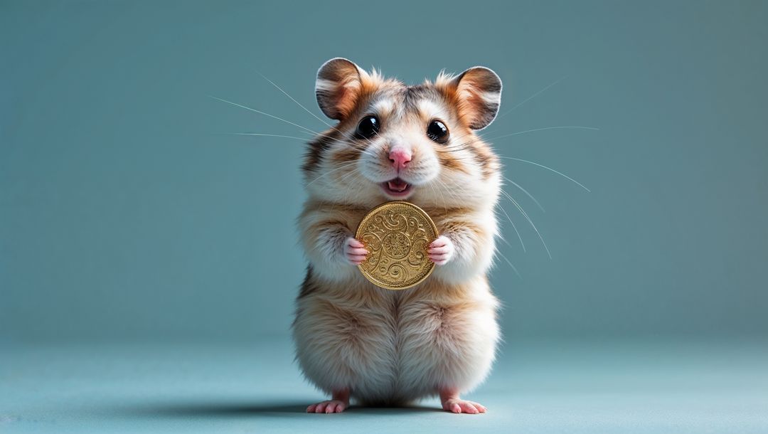 Fluffy Hamster Holding Ornamental Gold Coin Against Blue Backdrop