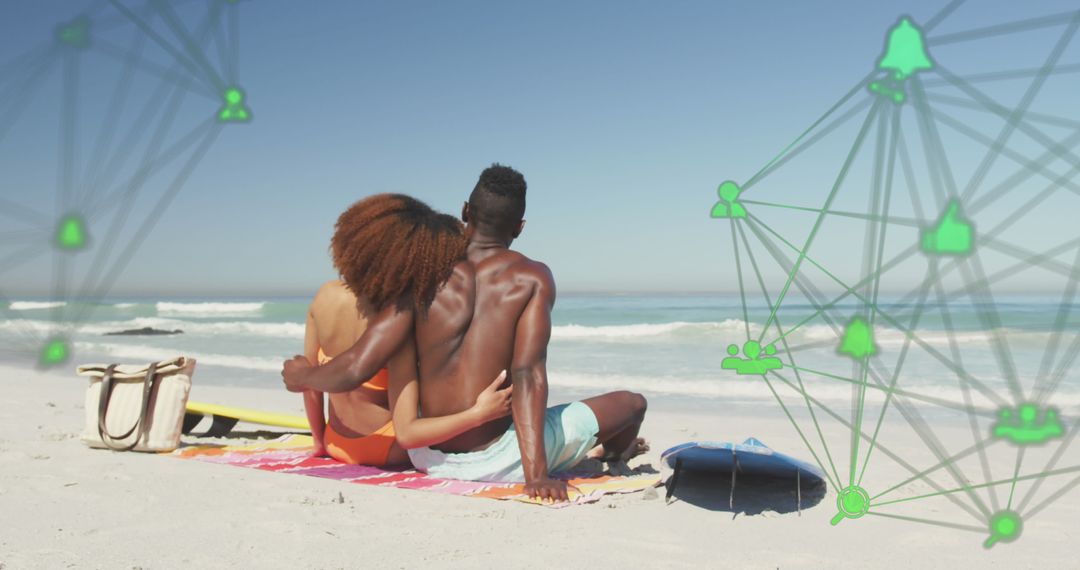 Couple Embracing on Beach with Overlay of Digital Social Media Networks