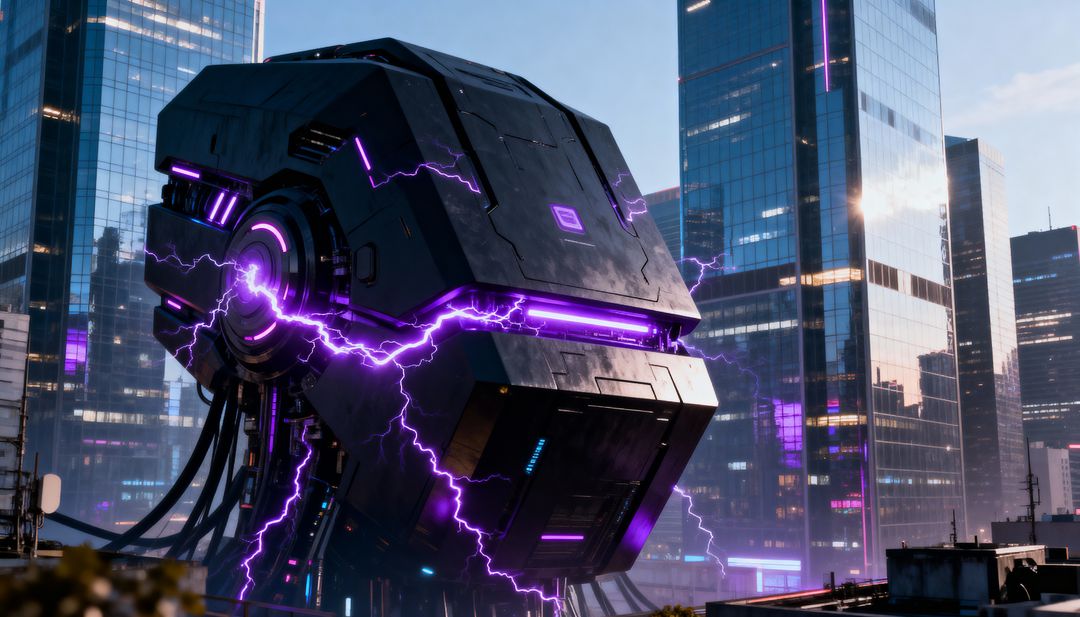 Hovering Black Cube Pod Emitting Purple Lightning Over Neon Cyberpunk City Rooftop