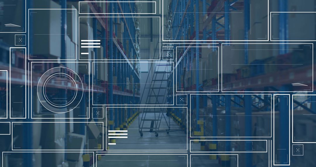 Smart Warehouse Logistics with Digital Overlay Showing Inventory Racks and Mobile Ladder